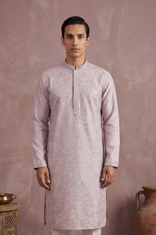 Ethnic Bay Men Lavender Silk Blend Embroidered Straight Kurta MKU2135