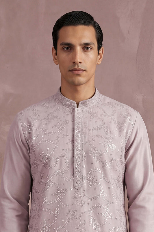 Ethnic Bay Men Lavender Silk Blend Embroidered Straight Kurta Sets MKSET2135