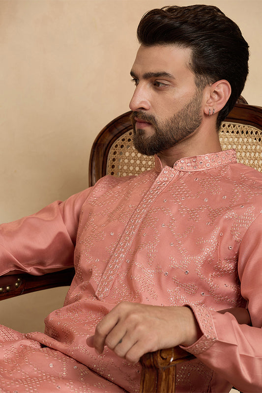 Ethnic Bay Silk Blend Peach Solid Embroidered Calf Length Straight Kurta With Trousers MKSET2136