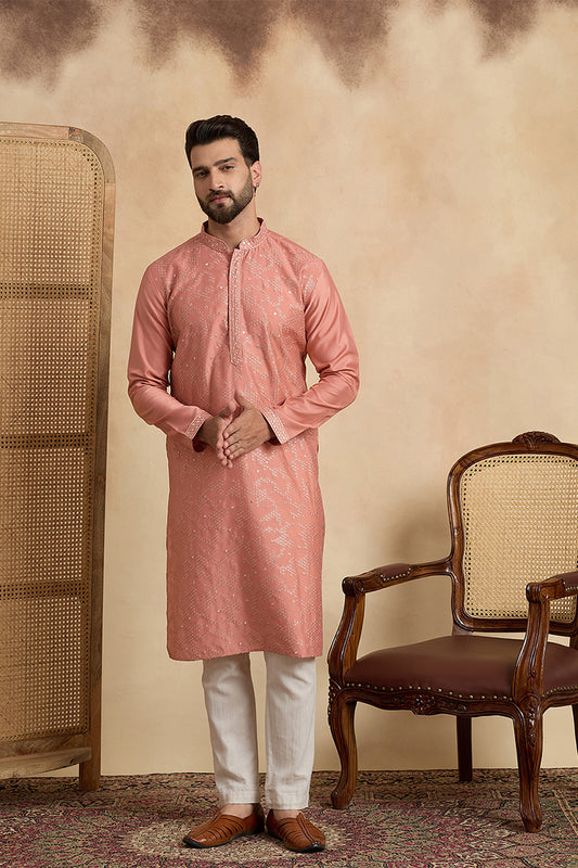 Ethnic Bay Silk Blend Peach Solid Embroidered Calf Length Straight Kurta With Trousers MKSET2136