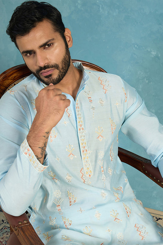 Ethnic Bay Silk Blend Blue Solid Embroidered Calf Length Straight Kurta MKU2141