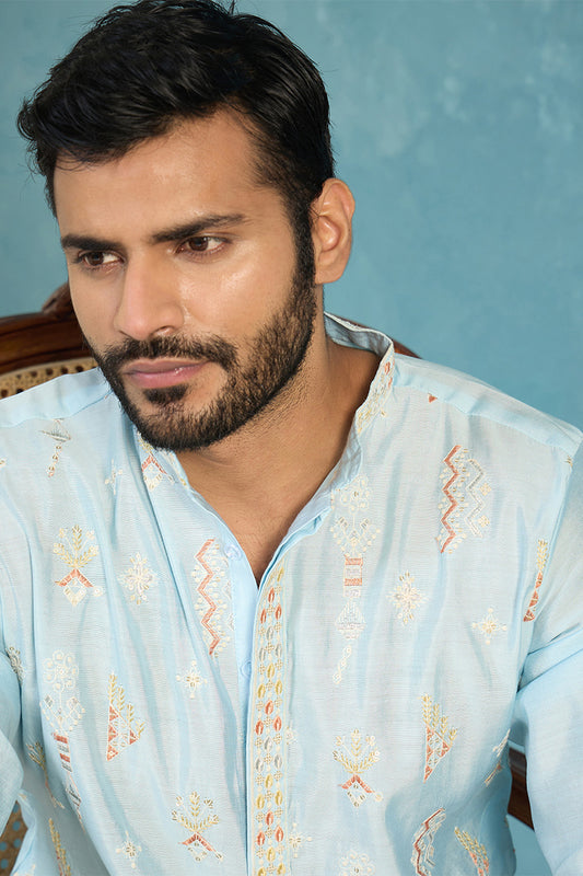 Ethnic Bay Silk Blend Blue Solid Embroidered Calf Length Straight Kurta MKU2141