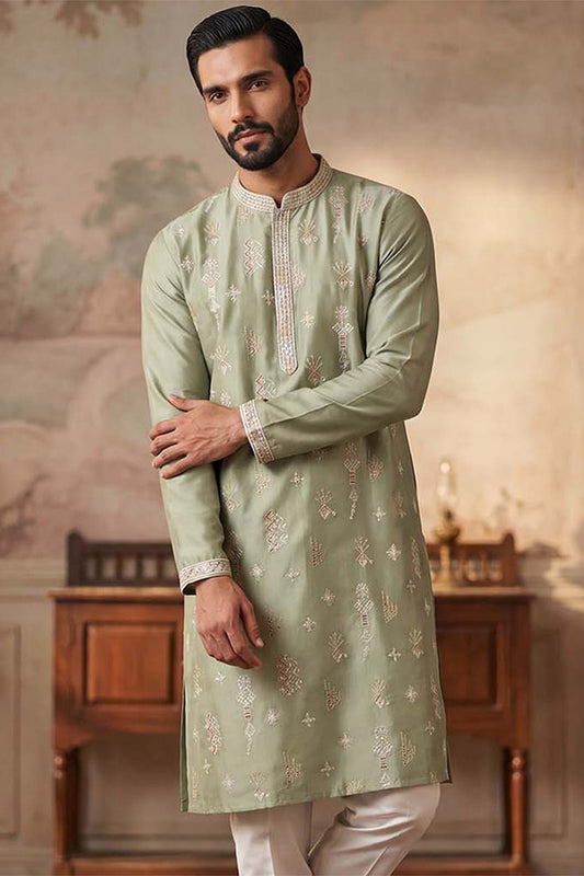 Ethnic Bay Mens Green Silk Blend Solid Embroidered Kurta With Trousers MKSET2153