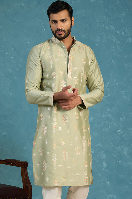 Ethnic Bay Mens Green Silk Blend Solid Embroidered Kurta MKU2153