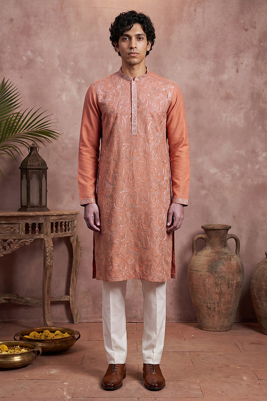 Ethnic Bay Mens Peach Modal Embroidered Calf Length Straight Regular Kurta With Trouser MKSET2166