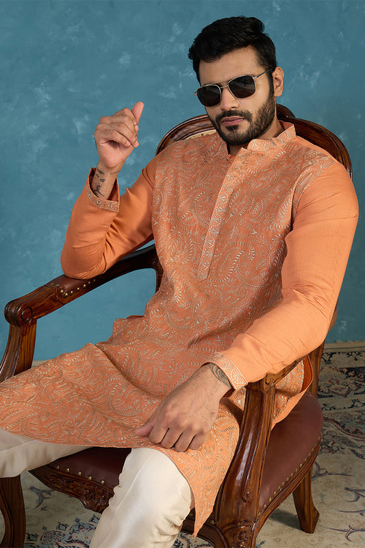 Ethnic Bay Mens Orange Modal Embroidered Calf Length Straight Regular Kurta With Trouser MKSET2166