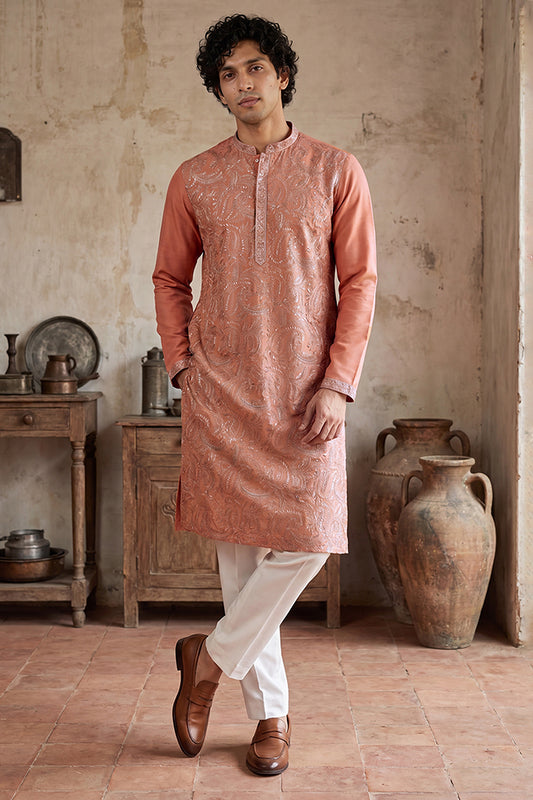 Ethnic Bay Mens Peach Modal Embroidered Calf Length Straight Regular Kurta With Trouser MKSET2166