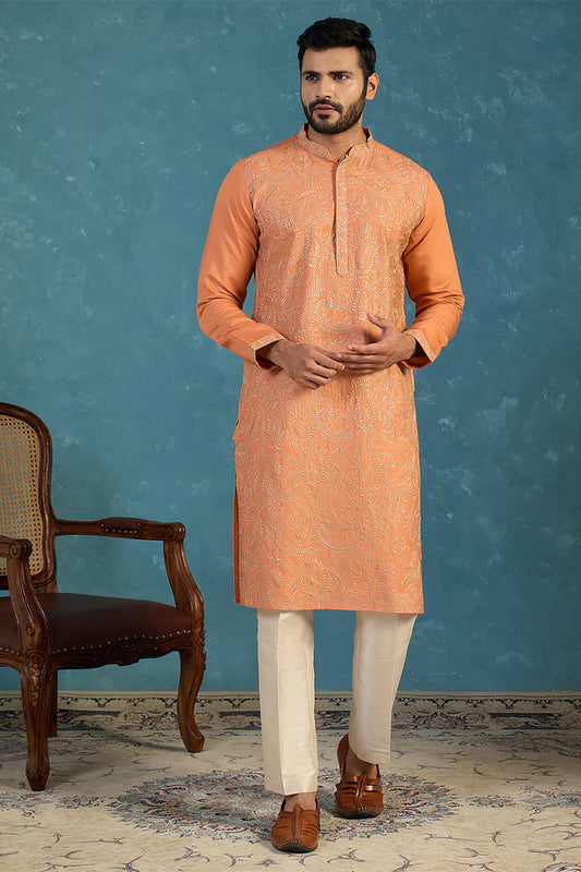 Ethnic Bay Mens Orange Modal Embroidered Calf Length Straight Regular Kurta MKU2166