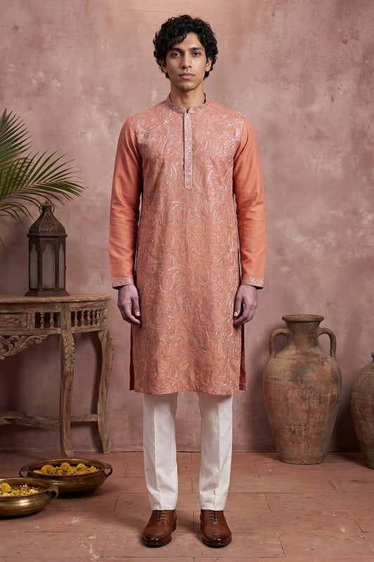Ethnic Bay Mens Peach Modal Embroidered Calf Length Straight Regular Kurta MKU2166