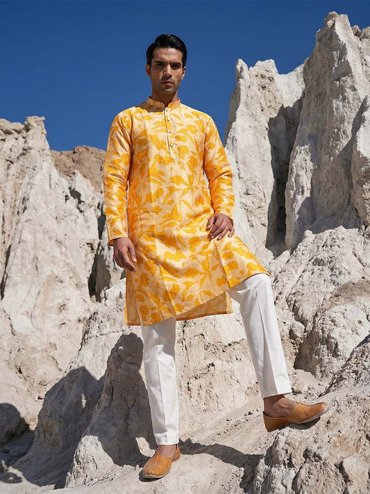 Ethnic Bay Yellow Silk Blend Printed Straight Kurta With Trousers MKSET2167