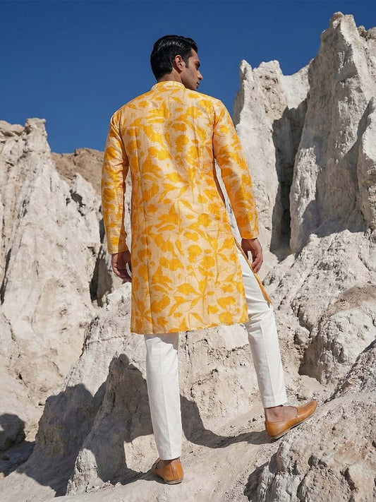 Ethnic Bay Yellow Silk Blend Printed Straight Kurta With Trousers MKSET2167