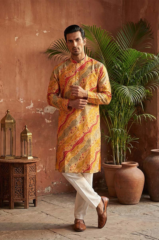 Ethnic Bay Yellow Silk Blend Printed Straight Kurta With Trousers MKSET2168