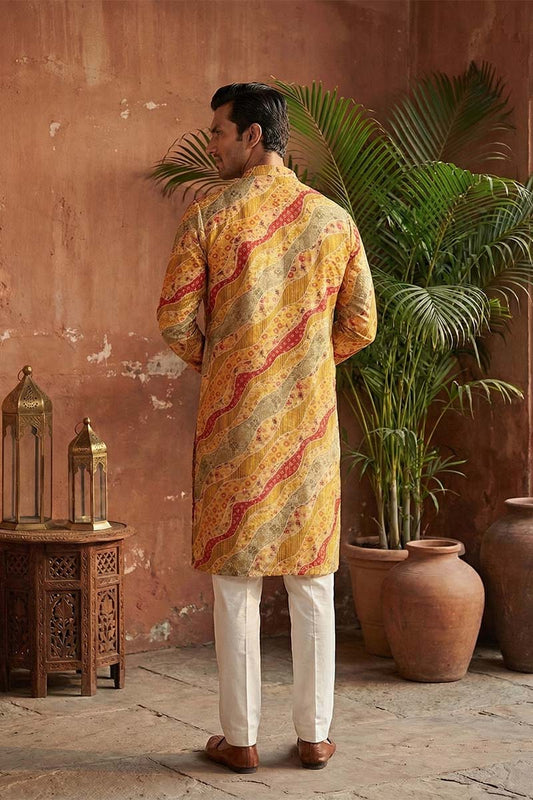 Ethnic Bay Yellow Silk Blend Printed Straight Kurta With Trousers MKSET2168