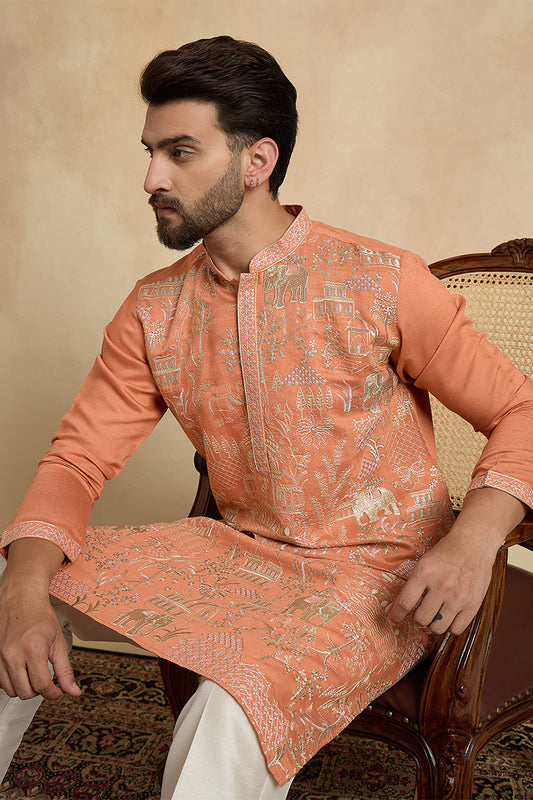 Peach Viscose Rayon Embroidered Straight Kurta MKU2169