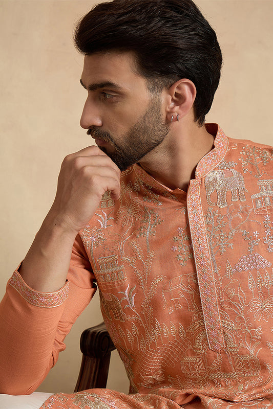 Ethnic Bay Peach Viscose Rayon Embroidered Straight Kurta With Trousers MKSET2169