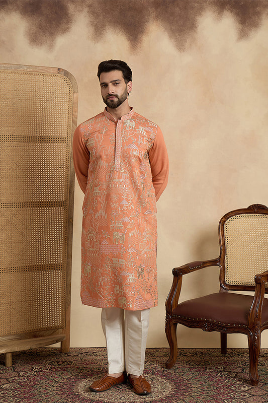 Ethnic Bay Peach Viscose Rayon Embroidered Straight Kurta With Trousers MKSET2169