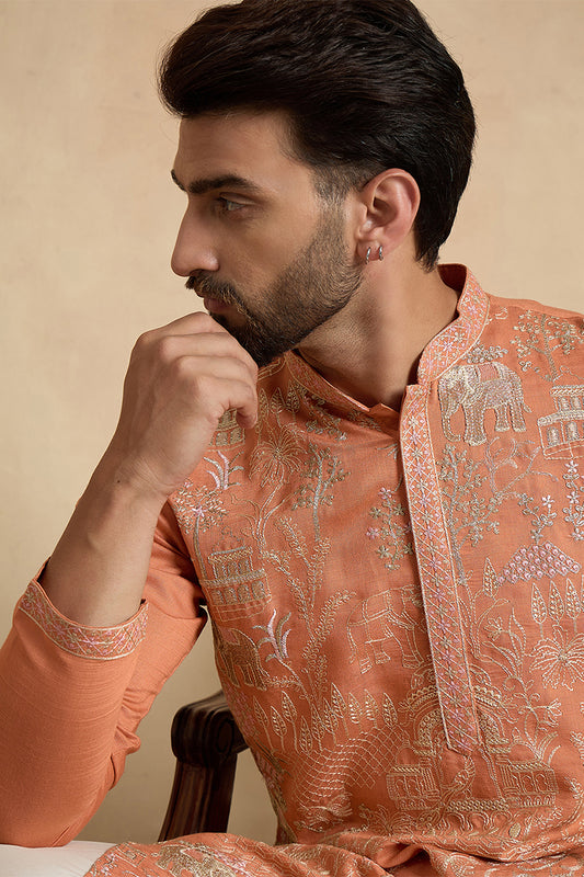 Peach Viscose Rayon Embroidered Straight Kurta MKU2169