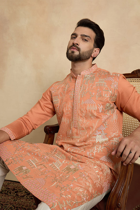 Ethnic Bay Peach Viscose Rayon Embroidered Straight Kurta With Trousers MKSET2169