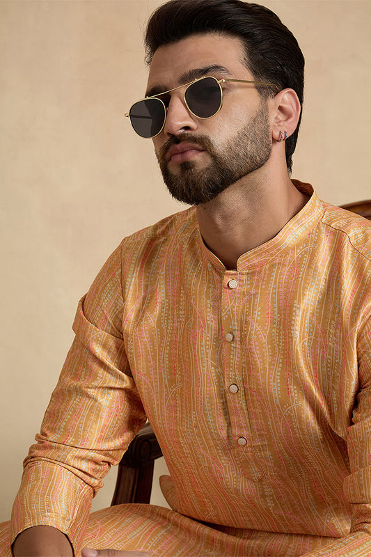 Ethnic Bay Yellow Silk Blend Printed Straight Kurta With Trousers MKSET2170