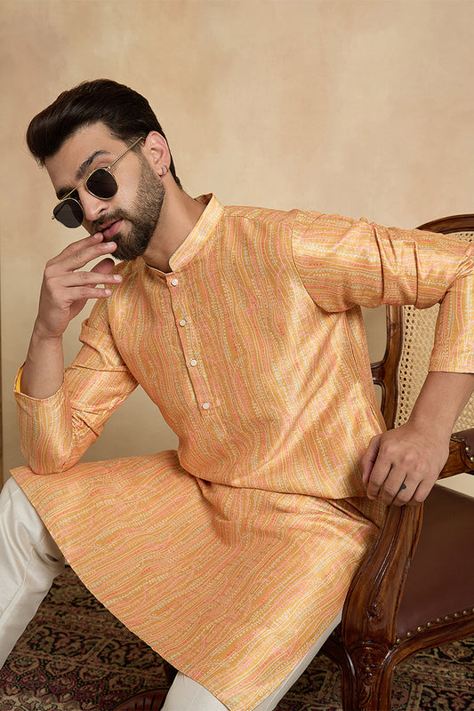 Yellow Silk Blend Printed Straight Kurta MKU2170