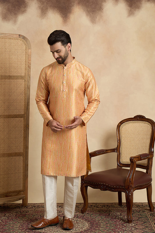 Ethnic Bay Yellow Silk Blend Printed Straight Kurta With Trousers MKSET2170