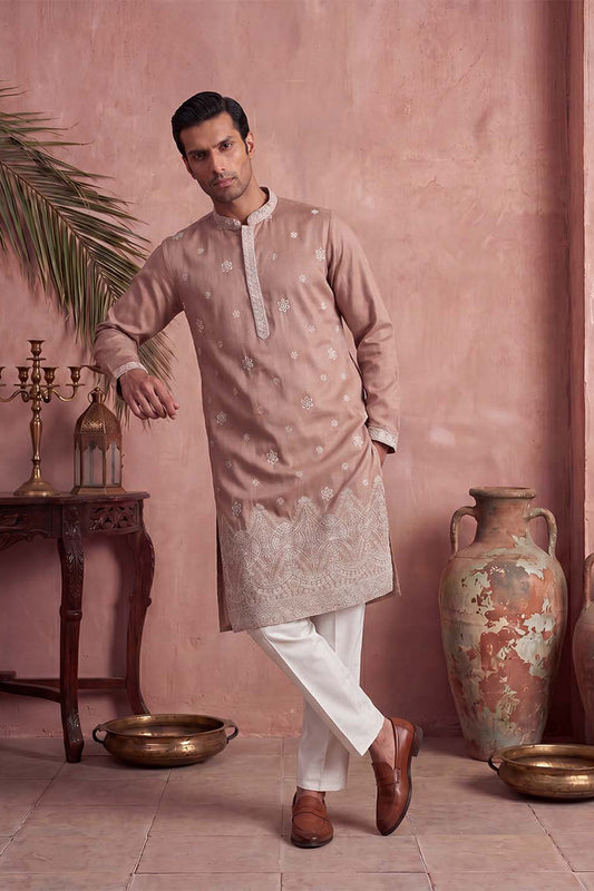 Ethnic Bay Mens Pink Silk Blend Solid Embroidered Kurta MKU2173