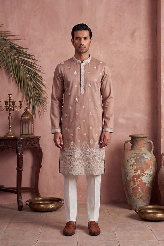Ethnic Bay Mens Pink Silk Blend Solid Embroidered Kurta MKU2173