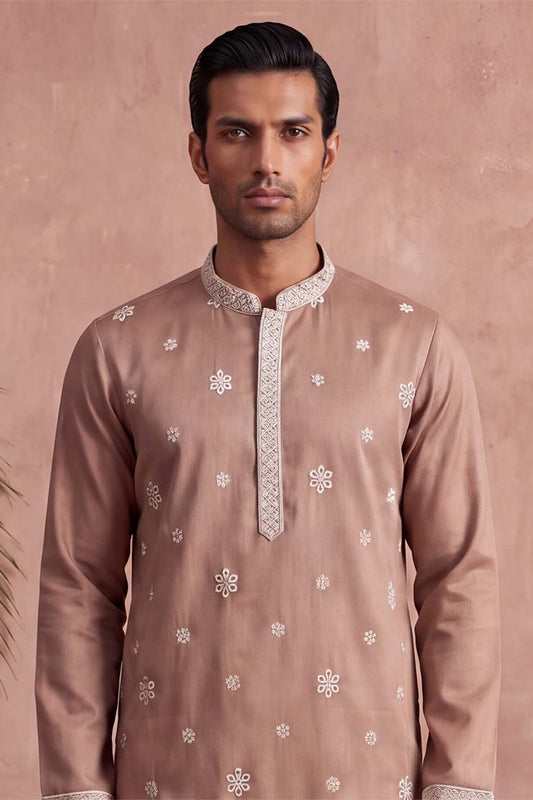 Ethnic Bay Mens Pink Silk Blend Solid Embroidered Kurta MKU2173