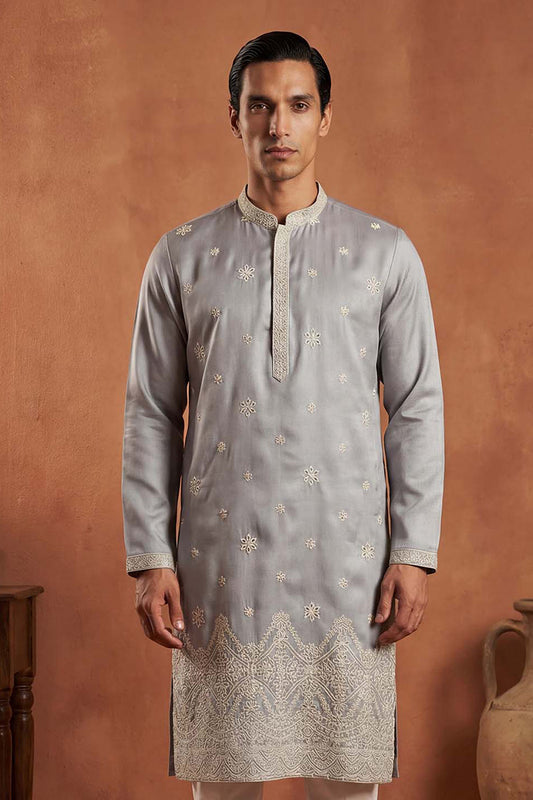 Ethnic Bay Mens Blue Silk Blend Solid Embroidered Kurta MKU2175