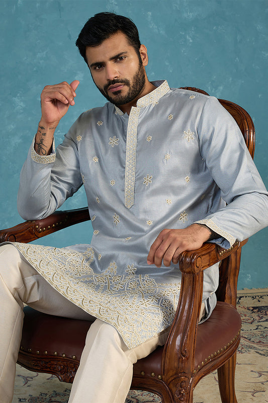 Ethnic Bay Mens Blue Silk Blend Solid Embroidered Kurta MKU2175