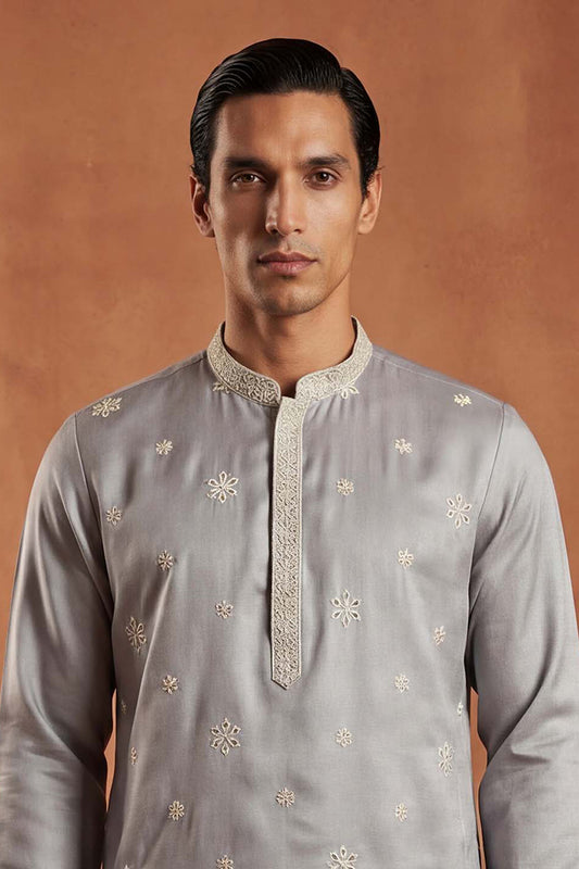 Ethnic Bay Mens Blue Silk Blend Solid Embroidered Kurta MKU2175