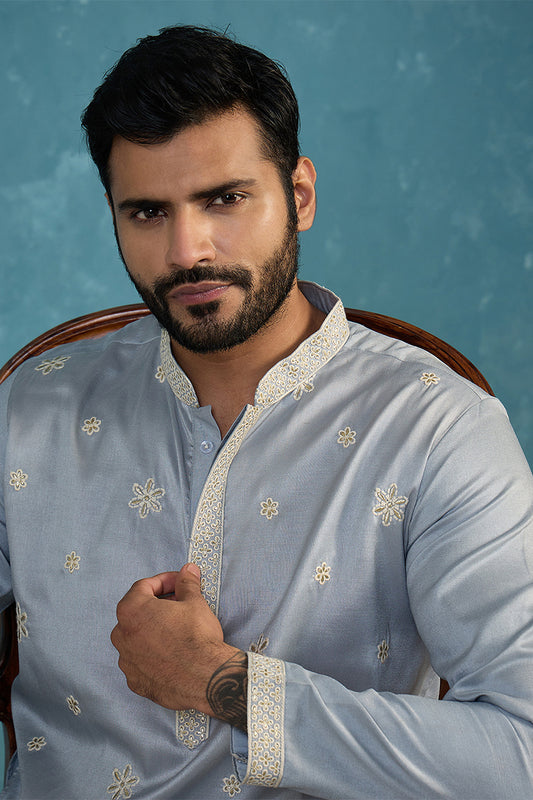 Ethnic Bay Mens Blue Silk Blend Solid Embroidered Kurta MKU2175