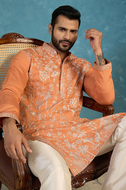Ethnic Bay Mens Orange Modal Embroidered Calf Length Straight Regular Kurta With Trouser MKSET2176