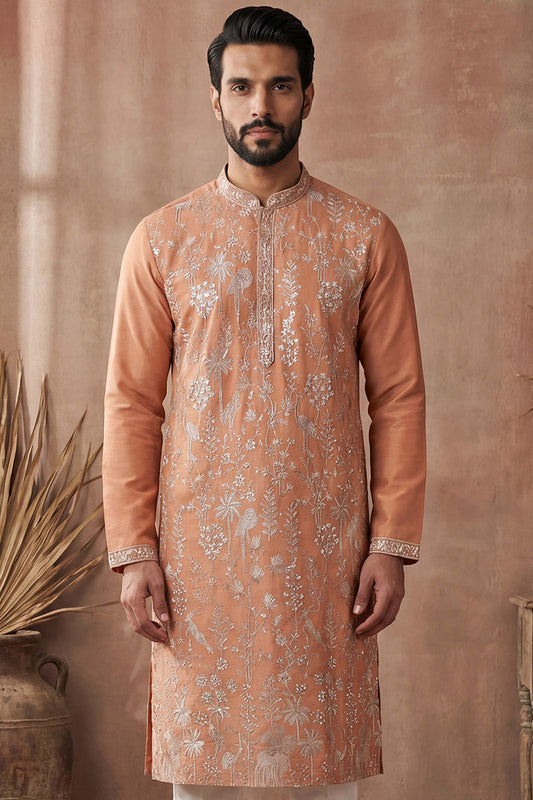 Ethnic Bay Mens Orange Modal Embroidered Calf Length Straight Regular Kurta MKU2176