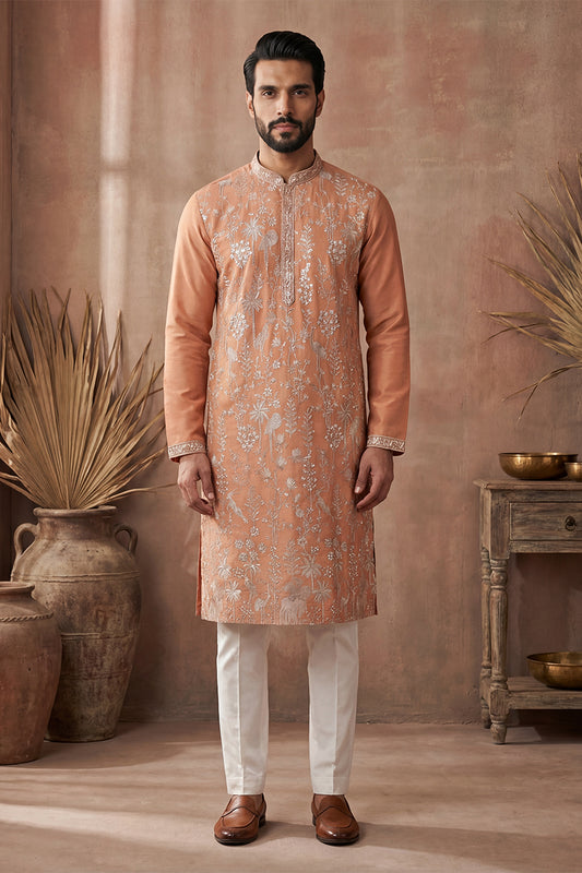 Ethnic Bay Mens Orange Modal Embroidered Calf Length Straight Regular Kurta MKU2176