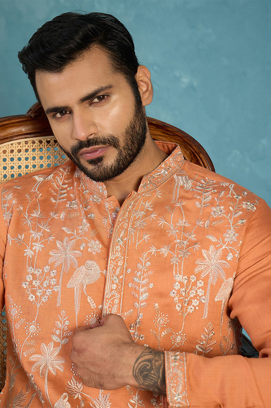 Ethnic Bay Mens Orange Modal Embroidered Calf Length Straight Regular Kurta MKU2176