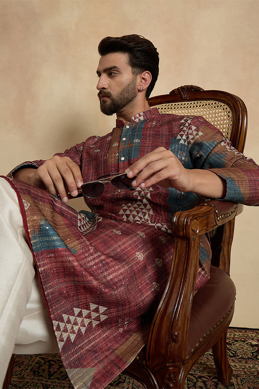 Ethnic Bay Brown Silk Blend Printed Straight Kurta With Trousers MKSET2177