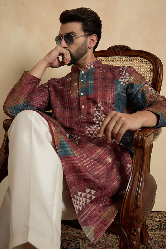 Ethnic Bay Brown Silk Blend Printed Straight Kurta MKU2177