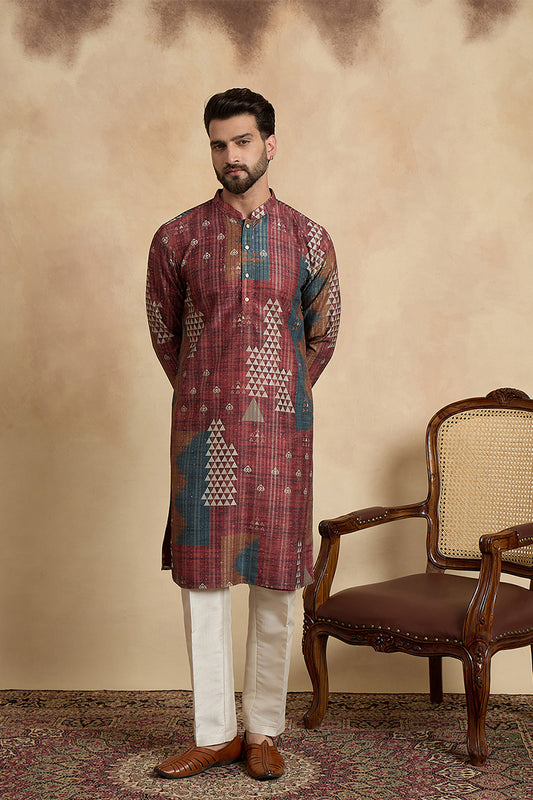 Ethnic Bay Brown Silk Blend Printed Straight Kurta MKU2177