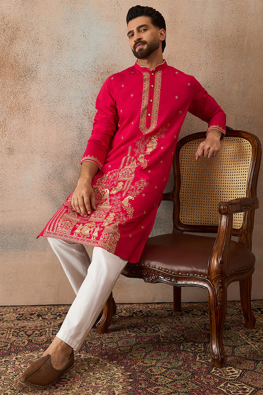 Ethnic Bay Mens Pink Viscose Rayon Solid Emboidered Straight Kurta With Trouser MKSET2203
