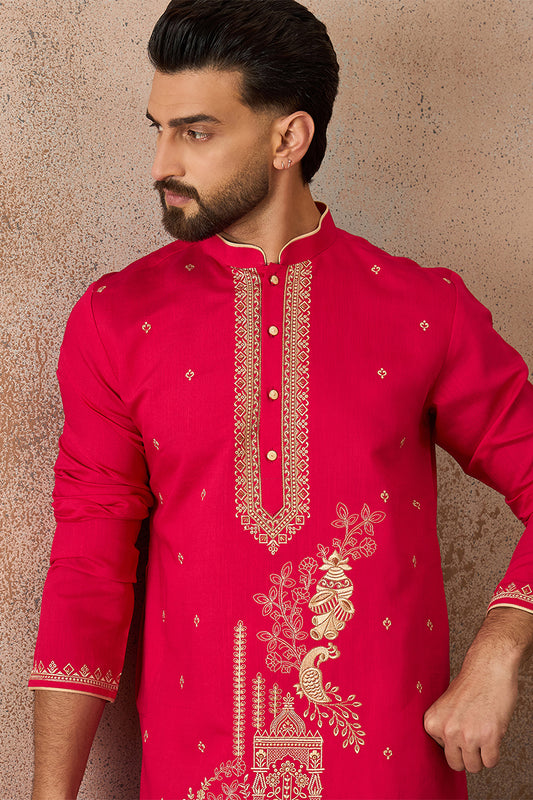 Ethnic Bay Mens Pink Viscose Rayon Solid Emboidered Straight Kurta With Trouser MKSET2203