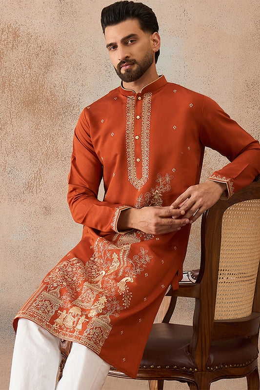 Ethnic Bay Mens Brown Viscose Rayon Solid Emboidered Straight Kurta MKU2206
