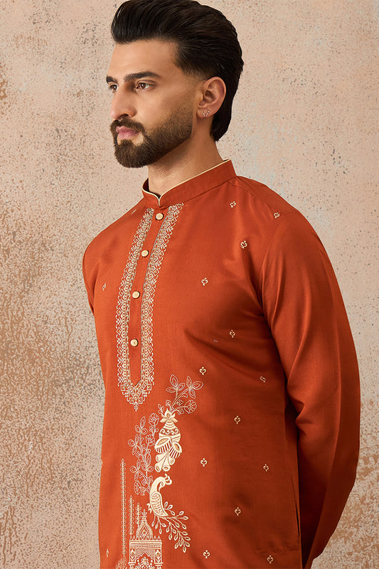 Ethnic Bay Mens Brown Viscose Rayon Solid Emboidered Straight Kurta MKU2206