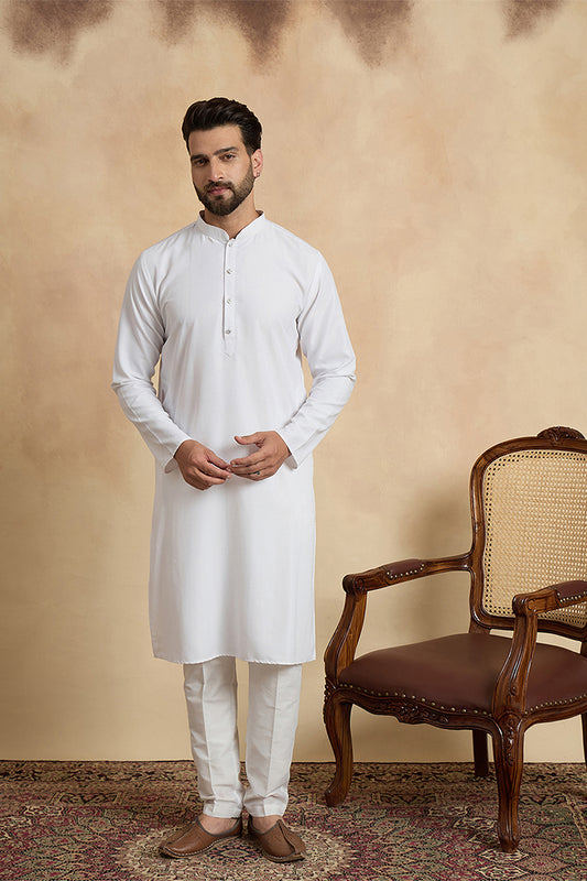 Ethnic Bay Mens White Silk Blend Solid Solid Kurta MKU2220