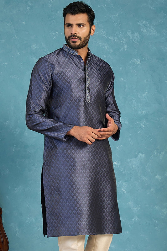 Ethnic Bay Mens Blue Jacquard Woven Design Straight Kurta MKU2227