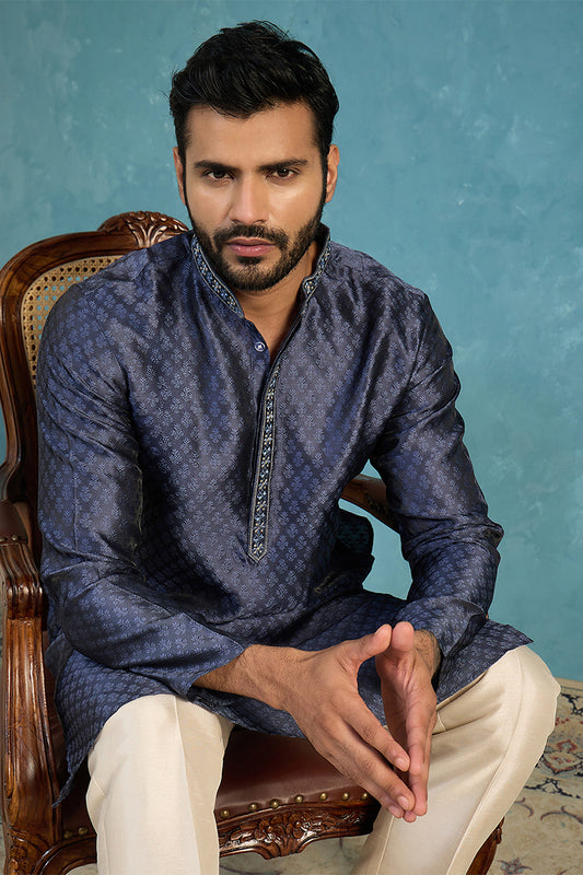 Ethnic Bay Mens Blue Jacquard Woven Design Straight Kurta MKU2227