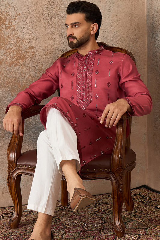 Ethnic Bay Mens Rose Silk Blend Solid Embroidered Sequins Kurta With Trouser MKSET2259