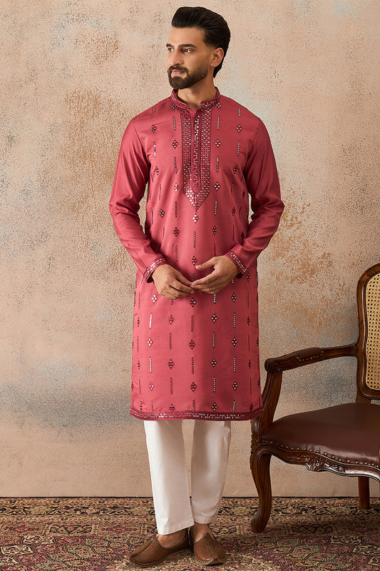 Ethnic Bay Mens Rose Silk Blend Solid Embroidered Sequins Kurta With Trouser MKSET2259