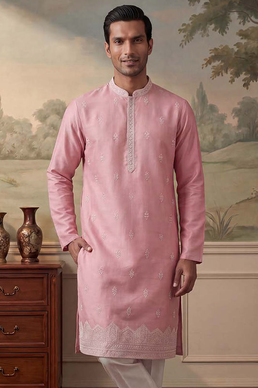 Ethnic Bay Silk Blend Pink Solid Embroidered Calf Length Straight Kurta MKU2271