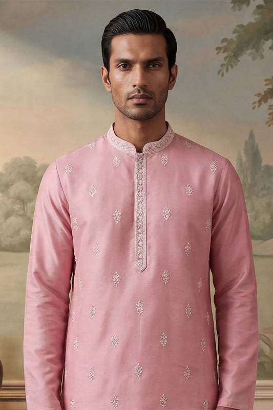 Ethnic Bay Silk Blend Pink Solid Embroidered Calf Length Straight Kurta MKU2271